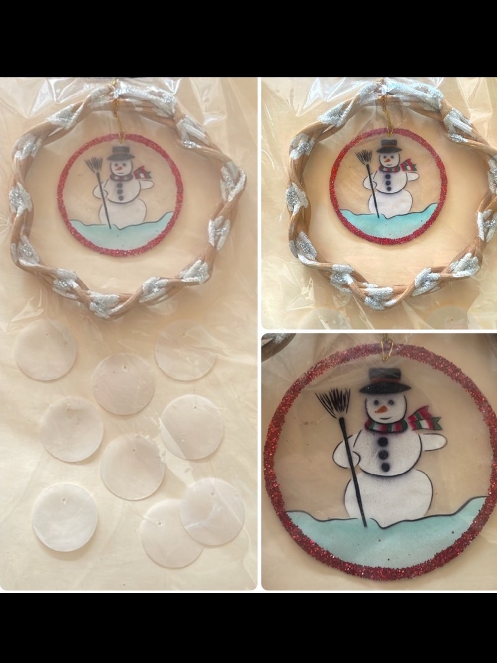 Nordlys Canada Capiz Shell Snowman Wreath Ornament Wind Chime Red Glitter NWT